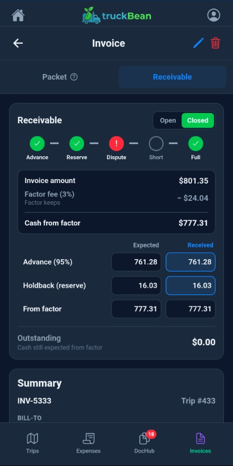 TruckBean invoice receivable with factor fee, advance, holdback, and outstanding balance