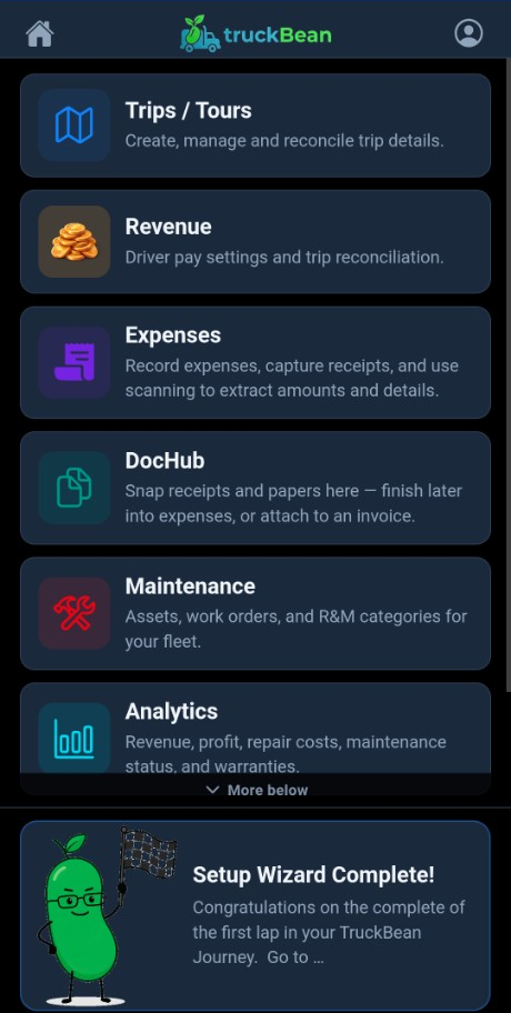 TruckBean home menu with trips, revenue, expenses, DocHub, maintenance, and analytics